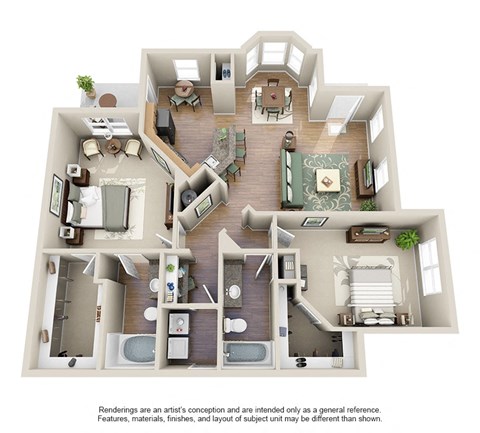 Floor plan for 2 beds, 2 baths, 1323 sqft